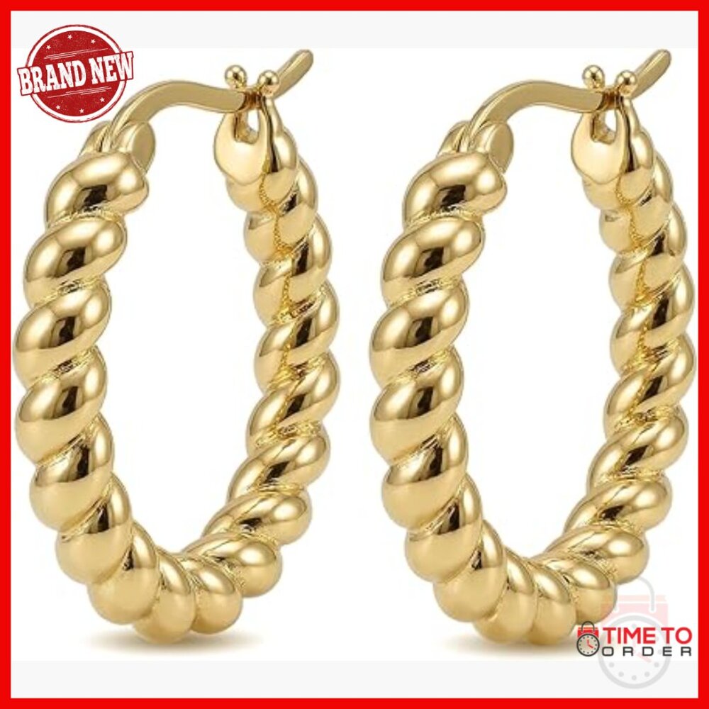 14K Gold Twisted Chunky Hoop Earrings 15/19/23mm Women's Jewelry